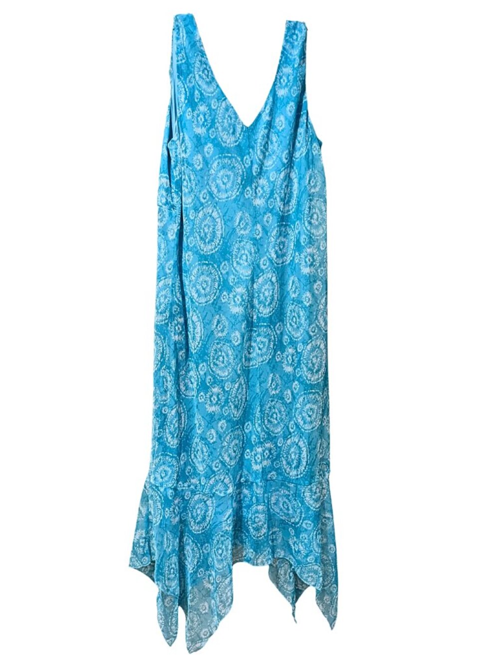 Vintage Plus Size Blue Chiffon Lined Maxi Sundress w/ Abstract White Design P…